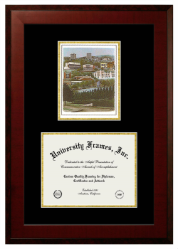 Ithaca College Division of Interdisciplinary and International Studies Double Opening with Campus Image (Unimprinted Mat) Frame in Honors Mahogany with Black & Gold Mats for DOCUMENT: 8 1/2"H X 11"W  