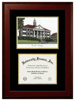 James Madison University Double Opening with Campus Image (Unimprinted Mat) Frame in Honors Mahogany with Black & Gold Mats for document: 8 1/2"h x 11"w  