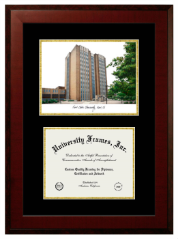 Kent State University College of Podiatric Medicine Double Opening with Campus Image (Unimprinted Mat) Frame in Honors Mahogany with Black & Gold Mats for DOCUMENT: 8 1/2"H X 11"W  