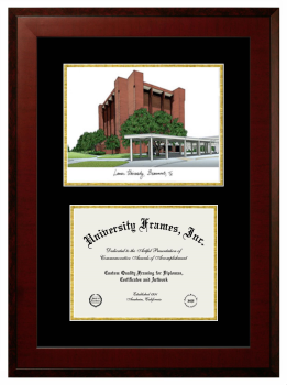 Lamar University Mary Morgan Moore Department of Music Double Opening with Campus Image (Unimprinted Mat) Frame in Honors Mahogany with Black & Gold Mats for DOCUMENT: 8 1/2"H X 11"W  