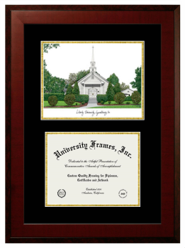 Liberty Home Bible Institute Double Opening with Campus Image (Unimprinted Mat) Frame in Honors Mahogany with Black & Gold Mats for DOCUMENT: 8 1/2"H X 11"W  