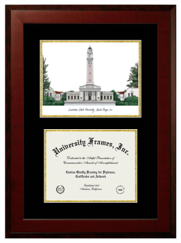 Louisiana State University Double Opening with Campus Image (Unimprinted Mat) Frame in Honors Mahogany with Black & Gold Mats for DOCUMENT: 8 1/2"H X 11"W  