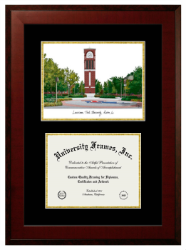 Louisiana Tech University Double Opening with Campus Image (Unimprinted Mat) Frame in Honors Mahogany with Black & Gold Mats for DOCUMENT: 8 1/2"H X 11"W  