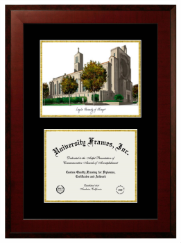 Loyola University Chicago Double Opening with Campus Image (Unimprinted Mat) Frame in Honors Mahogany with Black & Gold Mats for DOCUMENT: 8 1/2"H X 11"W  