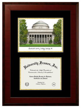 Massachusetts Institute of Technology Double Opening with Campus Image (Unimprinted Mat) Frame in Honors Mahogany with Black & Gold Mats for document: 8 1/2"h x 11"w  