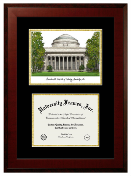 Massachusetts Institute of Technology Double Opening with Campus Image (Unimprinted Mat) Frame in Honors Mahogany with Black & Gold Mats for DOCUMENT: 8 1/2"H X 11"W  
