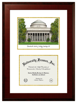 Massachusetts Institute of Technology Double Opening with Campus Image (Unimprinted Mat) Frame in Honors Mahogany with Black & Gold Mats for DOCUMENT: 8 1/2"H X 11"W  