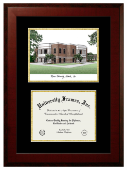 Mercer University Double Opening with Campus Image (Unimprinted Mat) Frame in Honors Mahogany with Black & Gold Mats for DOCUMENT: 8 1/2"H X 11"W  