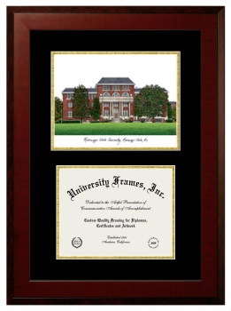 Mississippi State University Double Opening with Campus Image (Unimprinted Mat) Frame in Honors Mahogany with Black & Gold Mats for DOCUMENT: 8 1/2"H X 11"W  