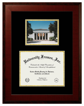 Occidental College Double Opening with Campus Image (Unimprinted Mat) Frame in Honors Mahogany with Black & Gold Mats for DOCUMENT: 8 1/2"H X 11"W  