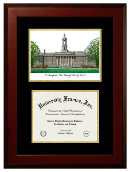 Pennsylvania State University Double Opening with Campus Image (Unimprinted Mat) Frame in Honors Mahogany with Black & Gold Mats for DOCUMENT: 8 1/2"H X 11"W  