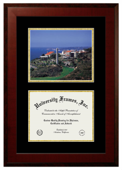 Pepperdine University Double Opening with Campus Image (Unimprinted Mat) Frame in Honors Mahogany with Black & Gold Mats for DOCUMENT: 8 1/2"H X 11"W  