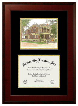 Portland State University School of Fine and Performing Arts Double Opening with Campus Image (Unimprinted Mat) Frame in Honors Mahogany with Black & Gold Mats for document: 8 1/2"h x 11"w  