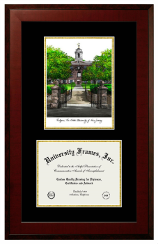 Rutgers The State University of New Jersey Double Opening with Campus Image (Unimprinted Mat) Frame in Honors Mahogany with Black & Gold Mats for DOCUMENT: 8 1/2"H X 11"W  