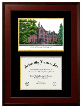 Seton Hall University Double Opening with Campus Image (Unimprinted Mat) Frame in Honors Mahogany with Black & Gold Mats for DOCUMENT: 8 1/2"H X 11"W  