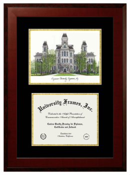 Syracuse University Double Opening with Campus Image (Unimprinted Mat) Frame in Honors Mahogany with Black & Gold Mats for DOCUMENT: 8 1/2"H X 11"W  
