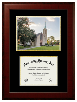 Texas Lutheran University Double Opening with Campus Image (Unimprinted Mat) Frame in Honors Mahogany with Black & Gold Mats for DOCUMENT: 8 1/2"H X 11"W  