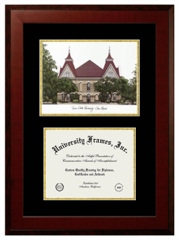 Texas State University Double Opening with Campus Image (Unimprinted Mat) Frame in Honors Mahogany with Black & Gold Mats for DOCUMENT: 8 1/2"H X 11"W  
