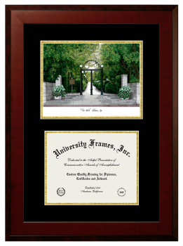 The University of Georgia Double Opening with Campus Image (Unimprinted Mat) Frame in Honors Mahogany with Black & Gold Mats for DOCUMENT: 8 1/2"H X 11"W  