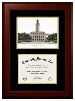 The University of Texas (Austin) Double Opening with Campus Image (Unimprinted Mat) Frame in Honors Mahogany with Black & Gold Mats for DOCUMENT: 8 1/2"H X 11"W  