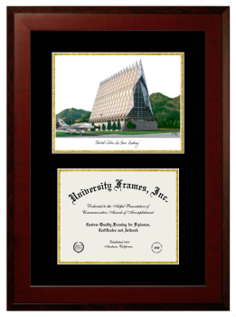 United States Air Force Academy Double Opening with Campus Image (Unimprinted Mat) Frame in Honors Mahogany with Black & Gold Mats for DOCUMENT: 8 1/2"H X 11"W  