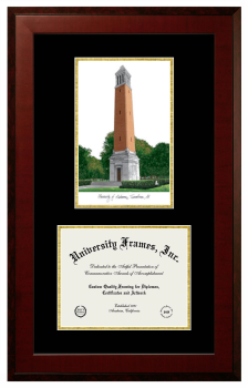 University of Alabama (Tuscaloosa) Double Opening with Campus Image (Unimprinted Mat) Frame in Honors Mahogany with Black & Gold Mats for DOCUMENT: 8 1/2"H X 11"W  