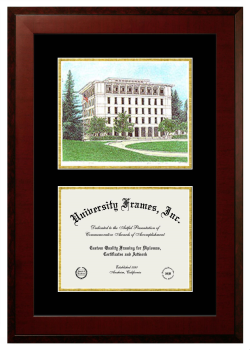 University of California Davis Double Opening with Campus Image (Unimprinted Mat) Frame in Honors Mahogany with Black & Gold Mats for DOCUMENT: 8 1/2"H X 11"W  