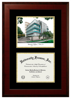 University of California Irvine Double Opening with Campus Image (Unimprinted Mat) Frame in Honors Mahogany with Black & Gold Mats for DOCUMENT: 8 1/2"H X 11"W  