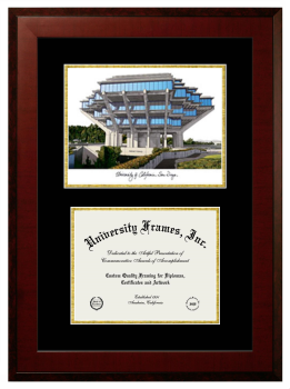 University of California San Diego Double Opening with Campus Image (Unimprinted Mat) Frame in Honors Mahogany with Black & Gold Mats for DOCUMENT: 8 1/2"H X 11"W  