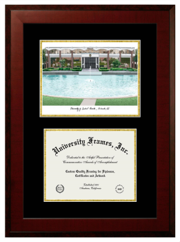 University of Central Florida Double Opening with Campus Image (Unimprinted Mat) Frame in Honors Mahogany with Black & Gold Mats for DOCUMENT: 8 1/2"H X 11"W  