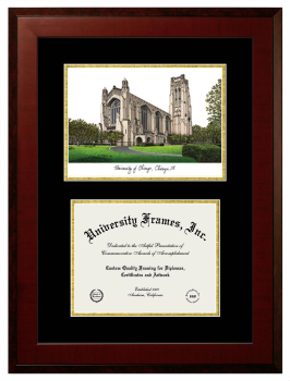 University of Chicago Booth School of Business Double Opening with Campus Image (Unimprinted Mat) Frame in Honors Mahogany with Black & Gold Mats for document: 8 1/2"h x 11"w  