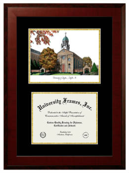 University of Dayton Double Opening with Campus Image (Unimprinted Mat) Frame in Honors Mahogany with Black & Gold Mats for DOCUMENT: 8 1/2"H X 11"W  