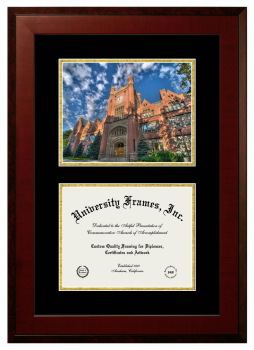 University of Idaho Double Opening with Campus Image (Unimprinted Mat) Frame in Honors Mahogany with Black & Gold Mats for DOCUMENT: 8 1/2"H X 11"W  