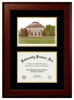 University of Illinois Double Opening with Campus Image (Unimprinted Mat) Frame in Honors Mahogany with Black & Gold Mats for DOCUMENT: 8 1/2"H X 11"W  