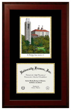 University of Kansas Double Opening with Campus Image (Unimprinted Mat) Frame in Honors Mahogany with Black & Gold Mats for DOCUMENT: 8 1/2"H X 11"W  