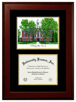 University of Maine (at Orono) Double Opening with Campus Image (Unimprinted Mat) Frame in Honors Mahogany with Black & Gold Mats for DOCUMENT: 8 1/2"H X 11"W  