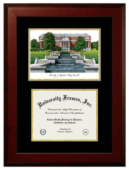 University of Maryland Double Opening with Campus Image (Unimprinted Mat) Frame in Honors Mahogany with Black & Gold Mats for DOCUMENT: 8 1/2"H X 11"W  