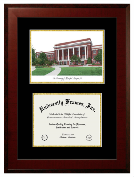 University of Memphis Double Opening with Campus Image (Unimprinted Mat) Frame in Honors Mahogany with Black & Gold Mats for DOCUMENT: 8 1/2"H X 11"W  
