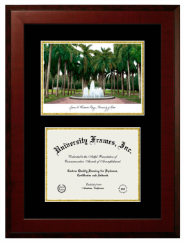 University of Miami Double Opening with Campus Image (Unimprinted Mat) Frame in Honors Mahogany with Black & Gold Mats for DOCUMENT: 8 1/2"H X 11"W  