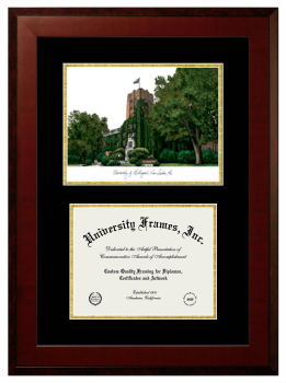 University of Michigan Gerald R. Ford School of Public Policy Double Opening with Campus Image (Unimprinted Mat) Frame in Honors Mahogany with Black & Gold Mats for DOCUMENT: 8 1/2"H X 11"W  