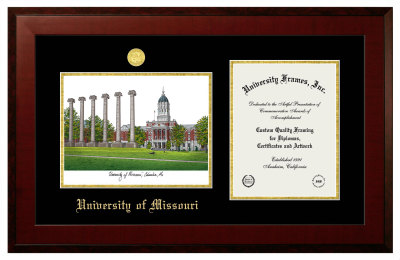 University of Missouri Double Opening with Campus Image (Side-by-Side) Frame in Honors Mahogany with Black & Gold Mats for  11"H X 8 1/2"W  