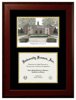 University of Nebraska (Lincoln) Double Opening with Campus Image (Unimprinted Mat) Frame in Honors Mahogany with Black & Gold Mats for DOCUMENT: 8 1/2"H X 11"W  