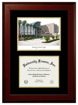University of Nevada Las Vegas Double Opening with Campus Image (Unimprinted Mat) Frame in Honors Mahogany with Black & Gold Mats for DOCUMENT: 8 1/2"H X 11"W  