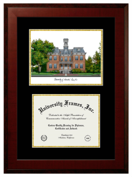 University of Nevada Reno Double Opening with Campus Image (Unimprinted Mat) Frame in Honors Mahogany with Black & Gold Mats for DOCUMENT: 8 1/2"H X 11"W  