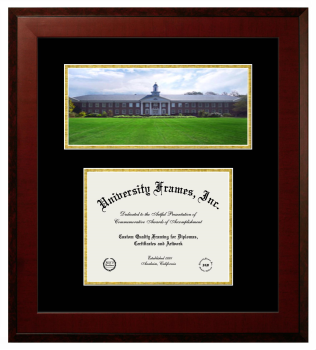 University of North Carolina at Wilmington Double Opening with Campus Image (Unimprinted Mat) Frame in Honors Mahogany with Black & Gold Mats for DOCUMENT: 8 1/2"H X 11"W  
