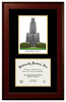 University of Pittsburgh Double Opening with Campus Image (Unimprinted Mat) Frame in Honors Mahogany with Black & Gold Mats for DOCUMENT: 8 1/2"H X 11"W  