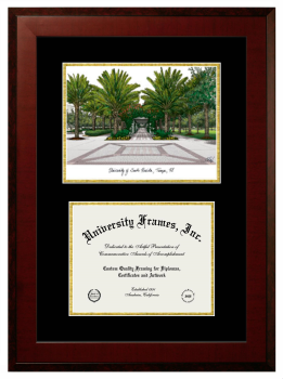 University of South Florida Double Opening with Campus Image (Unimprinted Mat) Frame in Honors Mahogany with Black & Gold Mats for DOCUMENT: 8 1/2"H X 11"W  