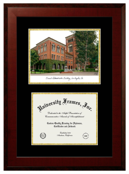 University of Southern California Double Opening with Campus Image (Unimprinted Mat) Frame in Honors Mahogany with Black & Gold Mats for DOCUMENT: 8 1/2"H X 11"W  