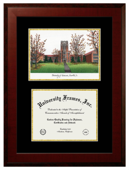 University of Tennessee Double Opening with Campus Image (Unimprinted Mat) Frame in Honors Mahogany with Black & Gold Mats for DOCUMENT: 8 1/2"H X 11"W  