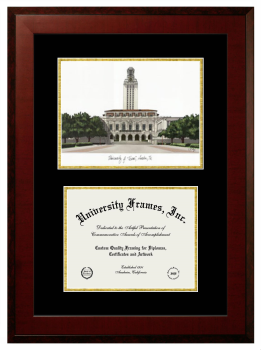 University of Texas at Austin Double Opening with Campus Image (Unimprinted Mat) Frame in Honors Mahogany with Black & Gold Mats for DOCUMENT: 8 1/2"H X 11"W  